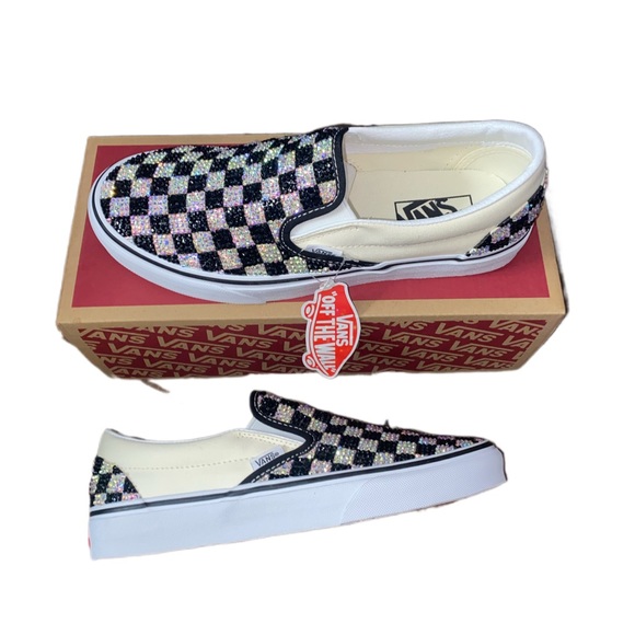 Iridescent Crystal & Jet Black Checkerboard Slip On Vans All Sizes New With Box - Picture 5 of 9